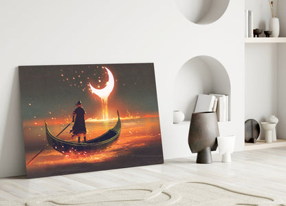 Golden Molten Moon Rower Sunset Glass Wall Art