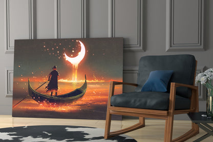 Golden Molten Moon Rower Sunset Glass Wall Art