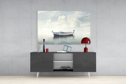 Misty Ocean Rowboat And Macaw Glass Wall Art