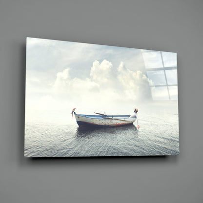 Misty Ocean Rowboat And Macaw Glass Wall Art