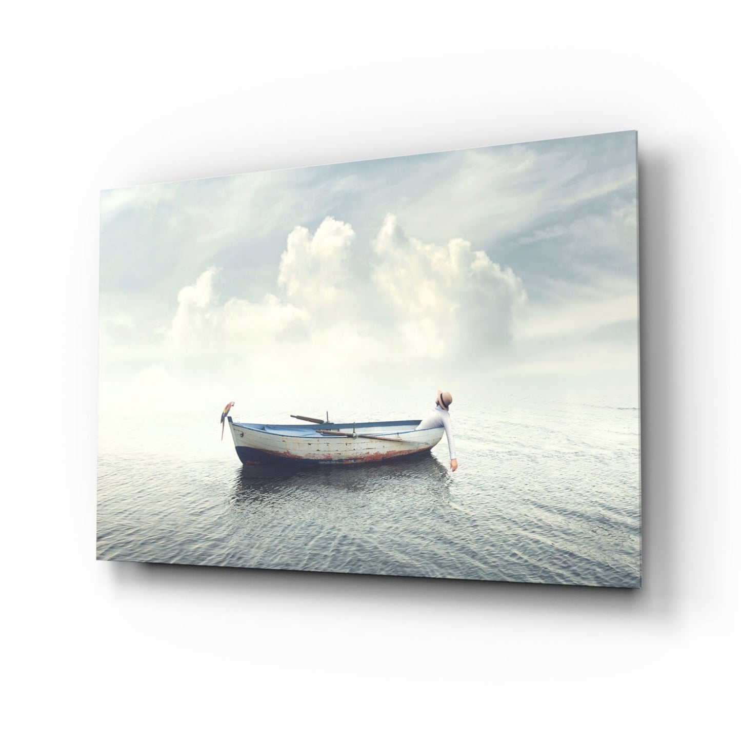 Misty Ocean Rowboat And Macaw Glass Wall Art