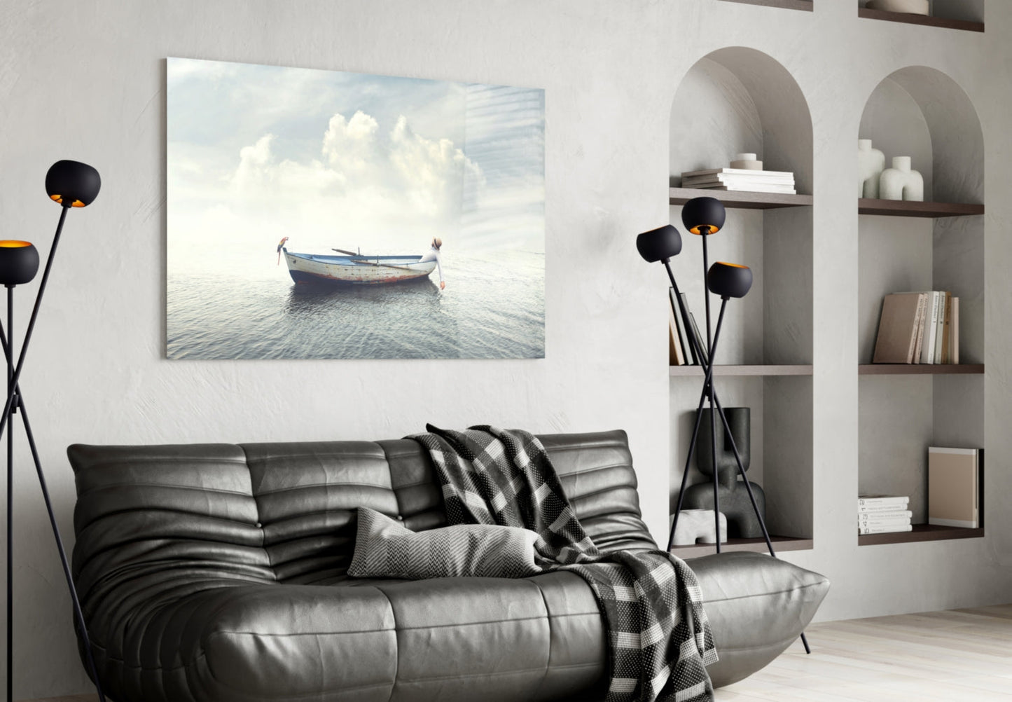 Misty Ocean Rowboat And Macaw Glass Wall Art