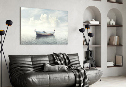 Misty Ocean Rowboat And Macaw Glass Wall Art