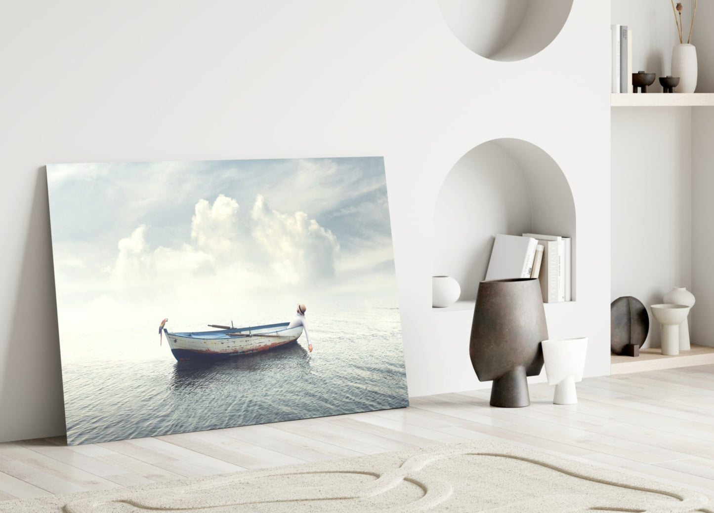 Misty Ocean Rowboat And Macaw Glass Wall Art