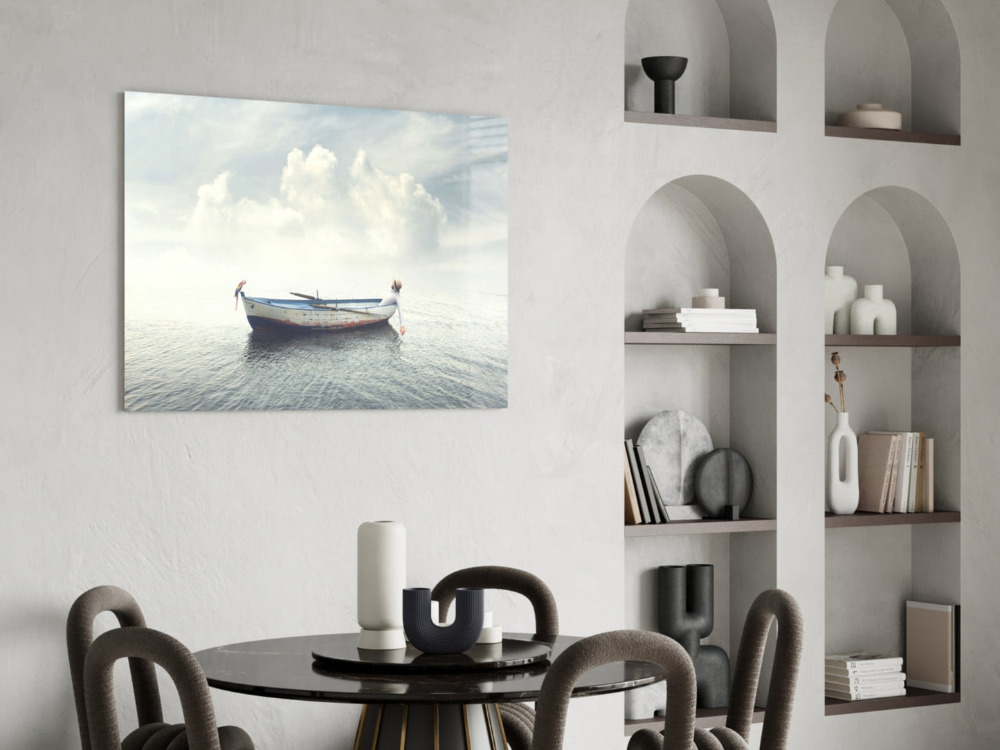 Misty Ocean Rowboat And Macaw Glass Wall Art