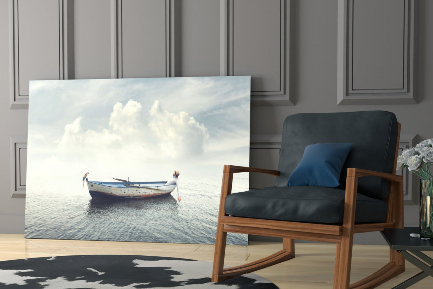 Misty Ocean Rowboat And Macaw Glass Wall Art