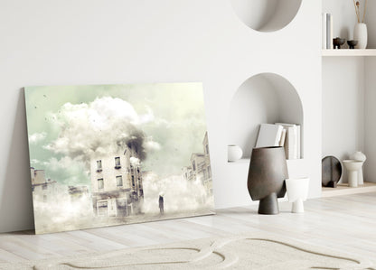 Fog Glass Wall Art leaning against white wall in minimalist room with arched alcove, displaying ethereal photograph of cloudy cityscape with building.