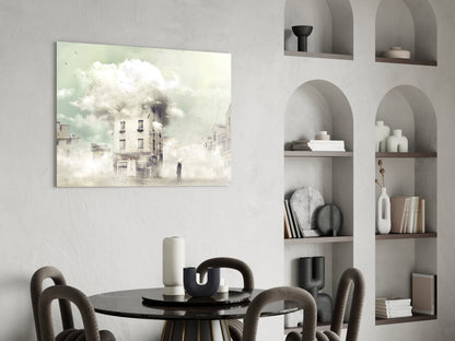 Fog glass wall art depicting a misty urban street scene with a burning building displayed above a dining table in a minimalist interior.