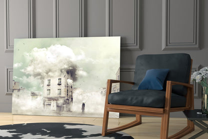 Glass wall art depicting a surreal foggy urban scene with a solitary figure and ethereal clouds, displayed in a modern interior with mid-century wooden chair.