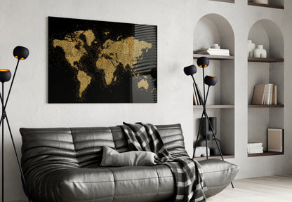 Gold Dust Splatter World Map Glass Wall Art