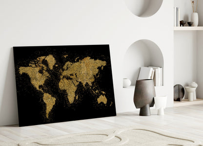 Gold Dust Splatter World Map Glass Wall Art