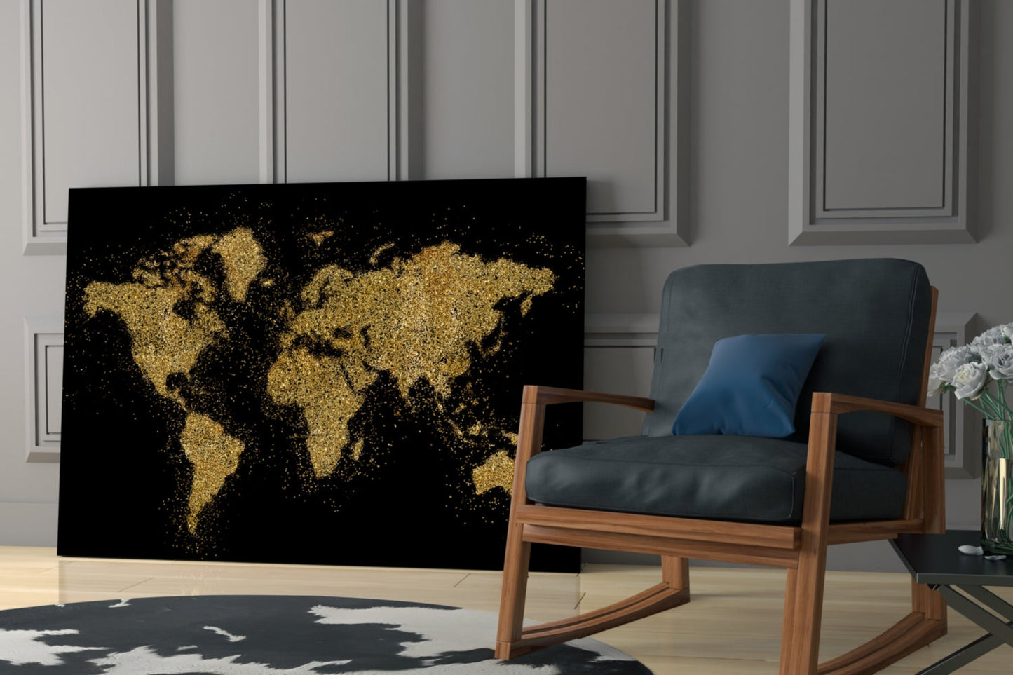 Gold Dust Splatter World Map Glass Wall Art