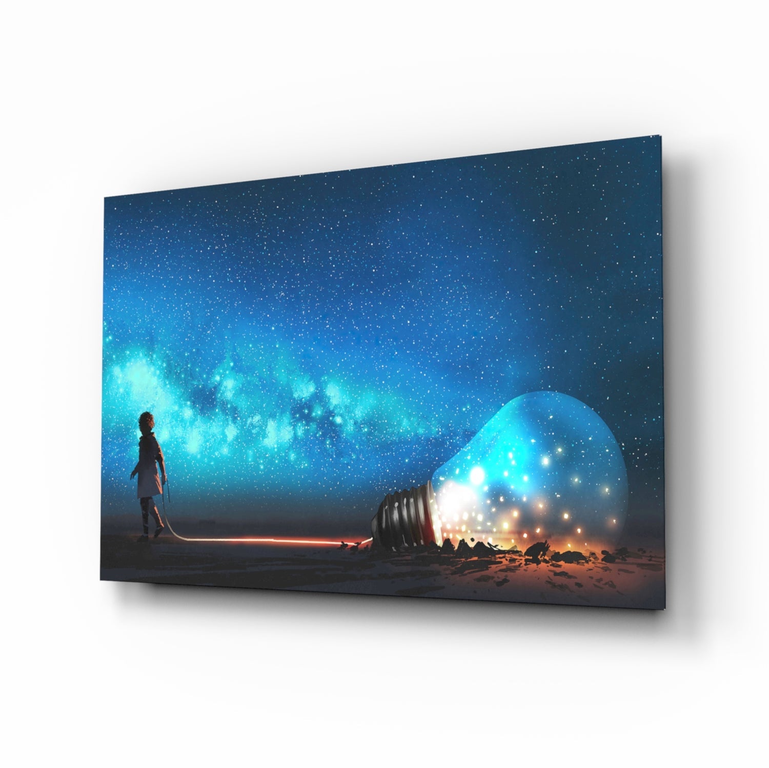 Three-dimensional perspective view of glass wall art showing silhouetted figure beside glowing lightbulb under starry blue night sky.