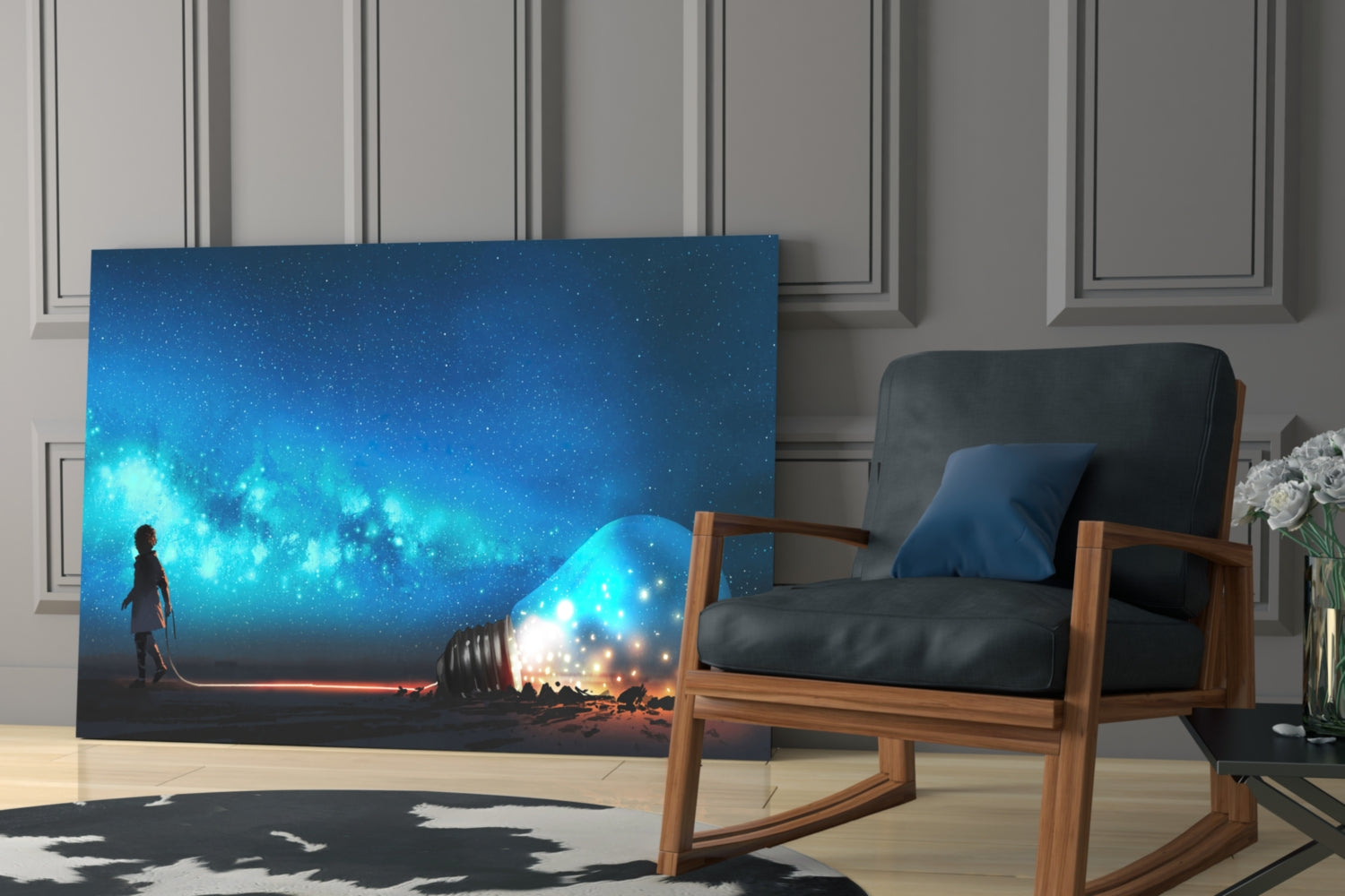 Blue glass wall art with glowing lights and silhouetted figure displayed in modern living room beside wooden chair.