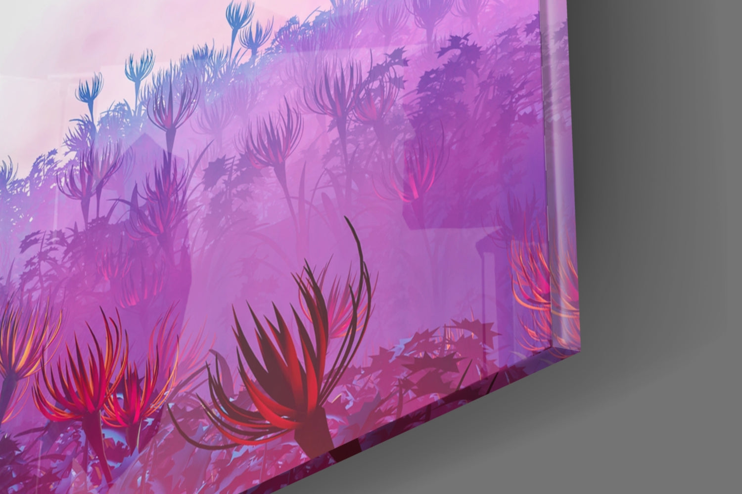 Angled view of glass wall art displaying purple and pink wildflowers with blue accents against layered landscape background.