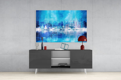 Blue City Skyline Reflection Glass Wall Art
