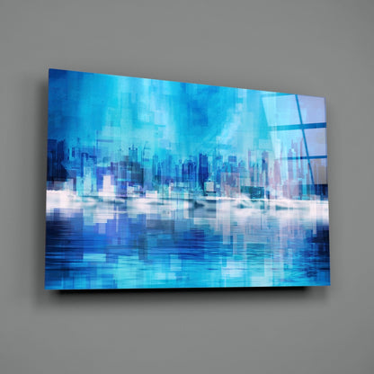 Blue City Skyline Reflection Glass Wall Art