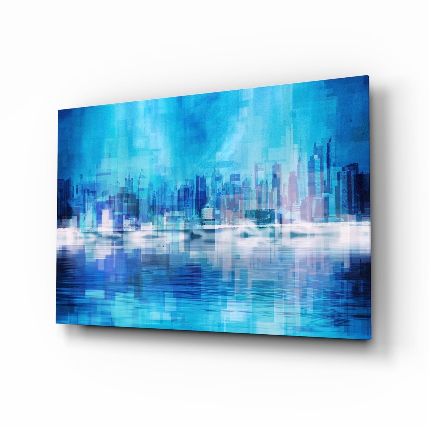 Blue City Skyline Reflection Glass Wall Art