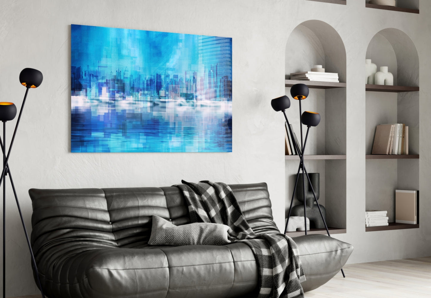 Blue City Skyline Reflection Glass Wall Art