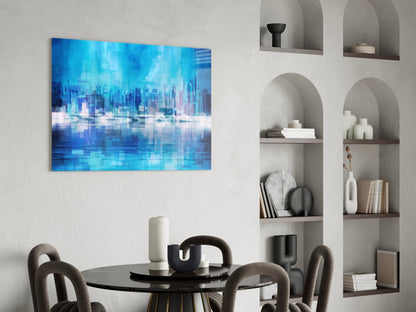 Blue City Skyline Reflection Glass Wall Art