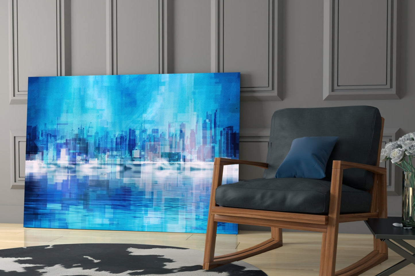 Blue City Skyline Reflection Glass Wall Art
