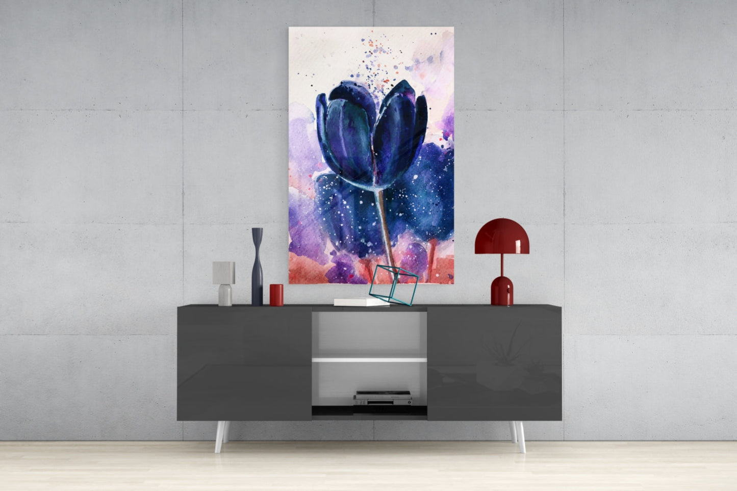 Navy Indigo Tulip on Lilac Wash Glass Wall Art