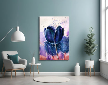 Navy Indigo Tulip on Lilac Wash Glass Wall Art
