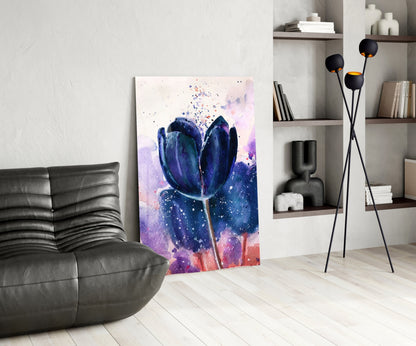 Navy Indigo Tulip on Lilac Wash Glass Wall Art