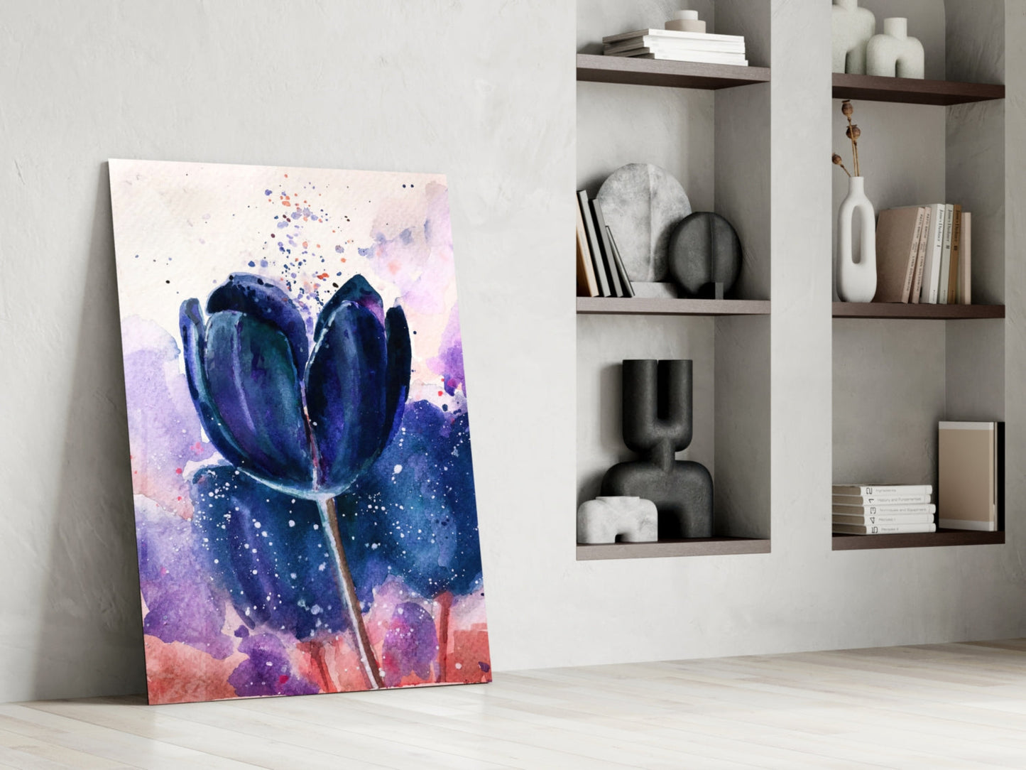 Navy Indigo Tulip on Lilac Wash Glass Wall Art