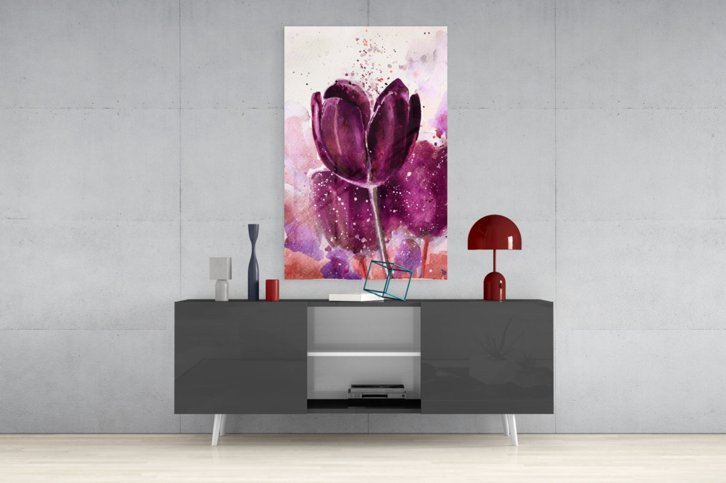 Deep Purple Watercolor Tulip Bloom Glass Wall Art