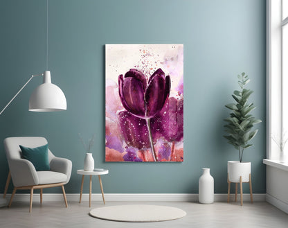 Deep Purple Watercolor Tulip Bloom Glass Wall Art