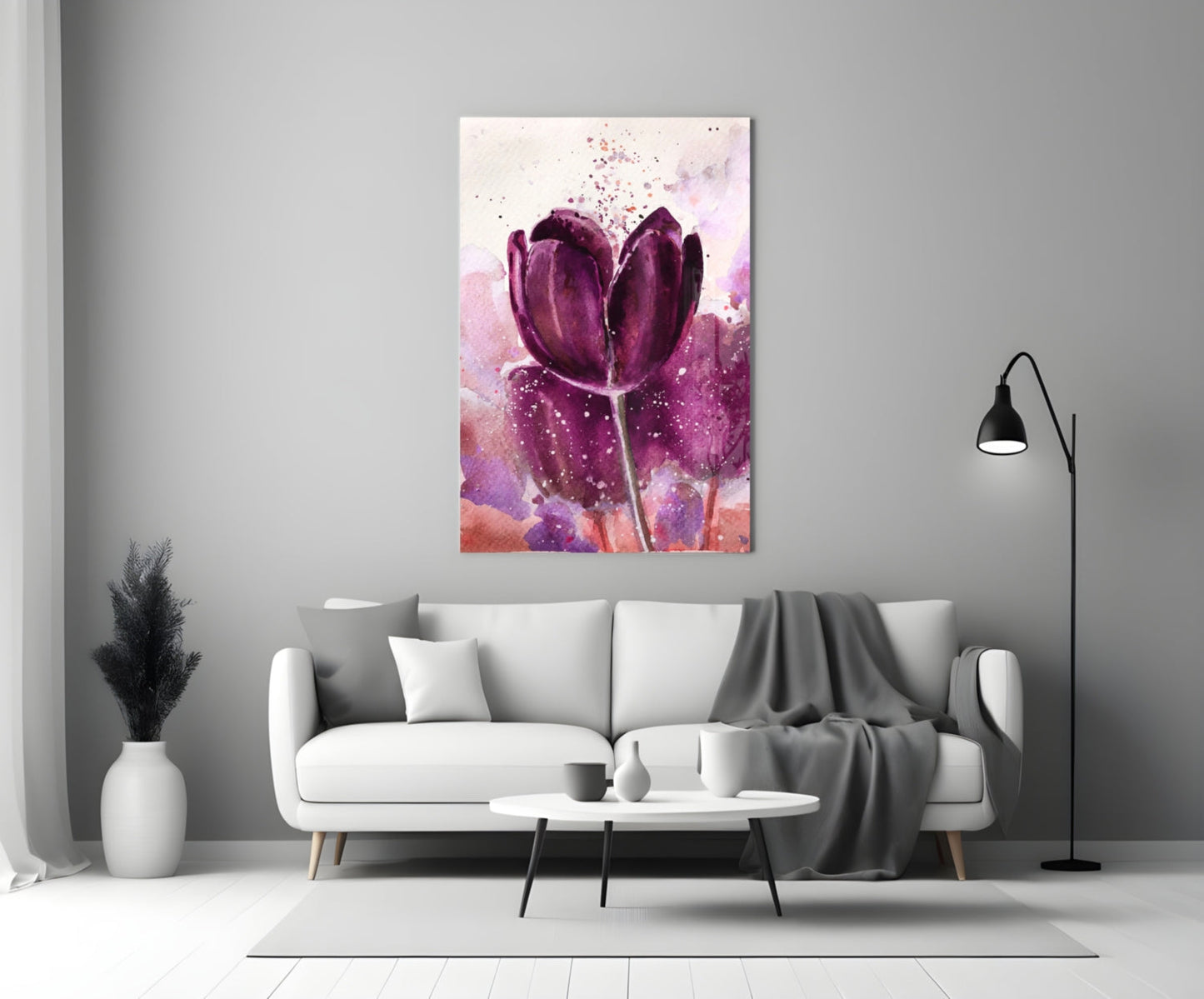 Deep Purple Watercolor Tulip Bloom Glass Wall Art