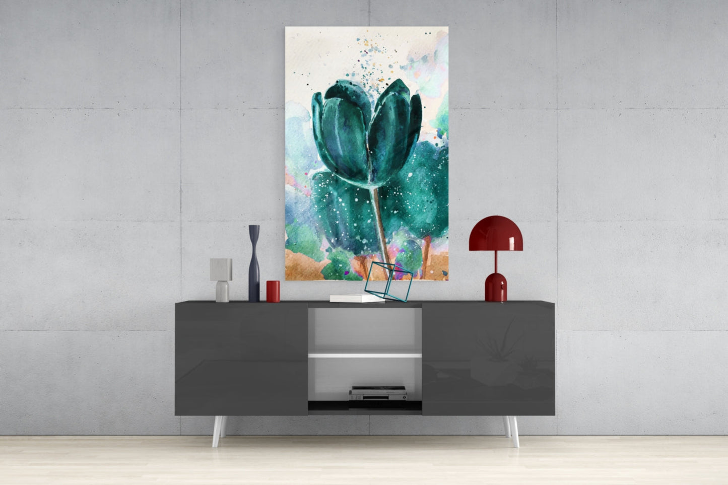 Teal Watercolor Tulip With Paint Splatter Glass Wall Art