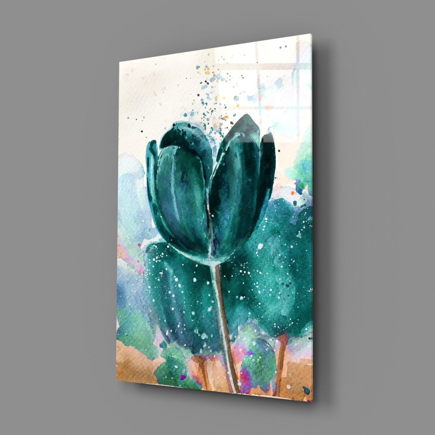 Teal Watercolor Tulip With Paint Splatter Glass Wall Art