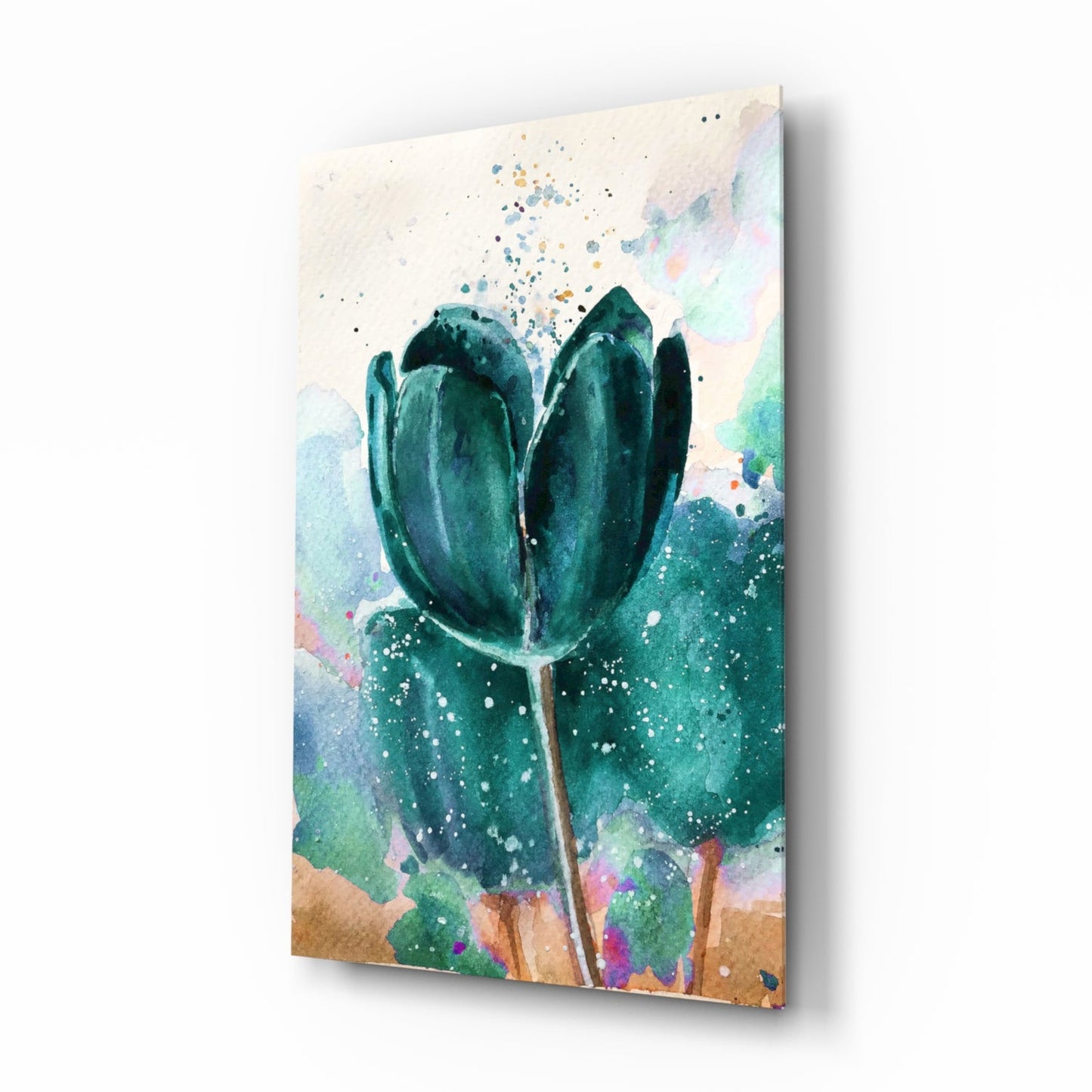 Teal Watercolor Tulip With Paint Splatter Glass Wall Art