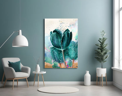 Teal Watercolor Tulip With Paint Splatter Glass Wall Art