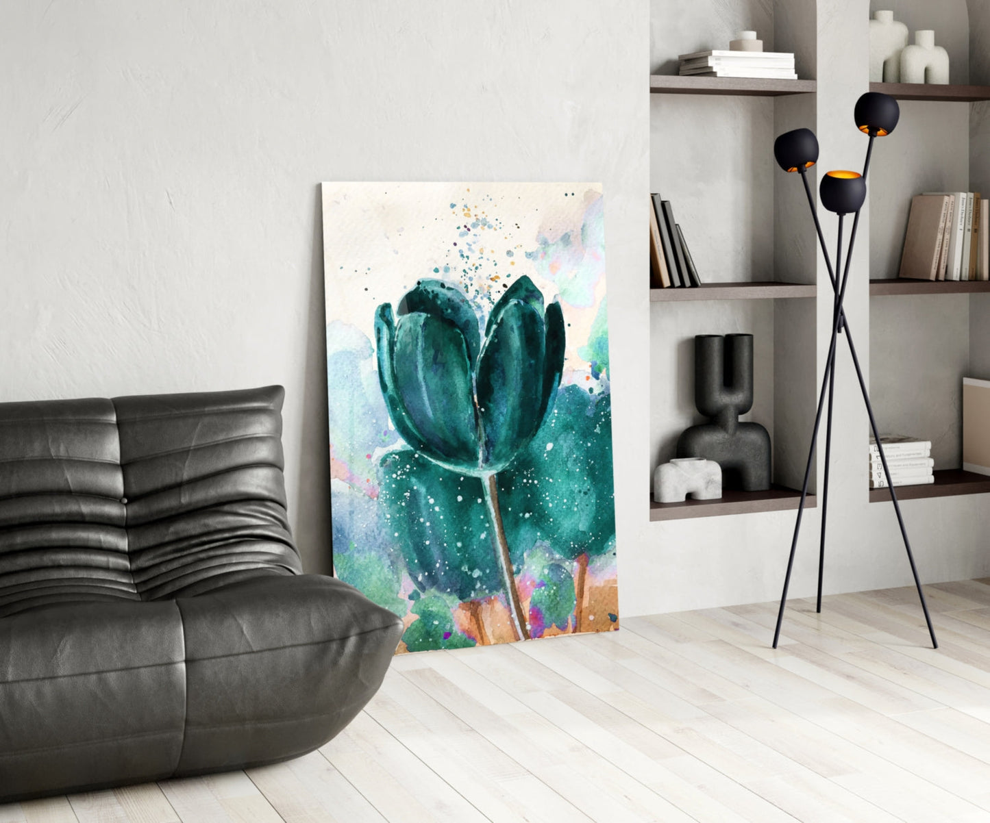 Teal Watercolor Tulip With Paint Splatter Glass Wall Art