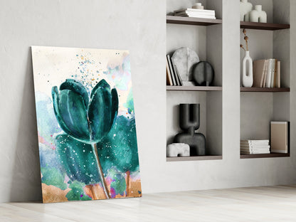 Teal Watercolor Tulip With Paint Splatter Glass Wall Art