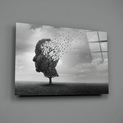 Head Tree Birds Leaving Branches Glass Wall Art