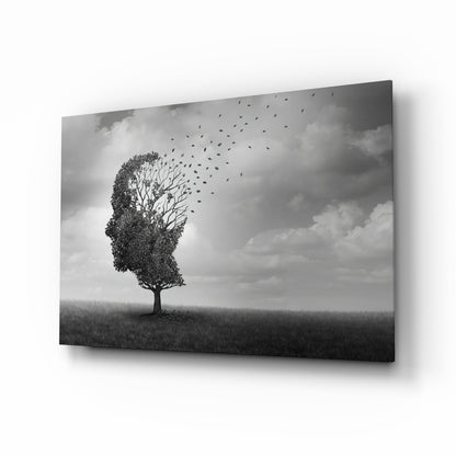 Head Tree Birds Leaving Branches Glass Wall Art