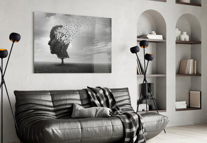 Head Tree Birds Leaving Branches Glass Wall Art