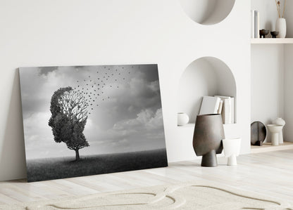 Head Tree Birds Leaving Branches Glass Wall Art