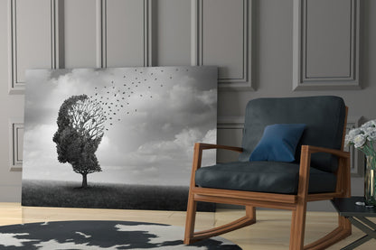 Head Tree Birds Leaving Branches Glass Wall Art