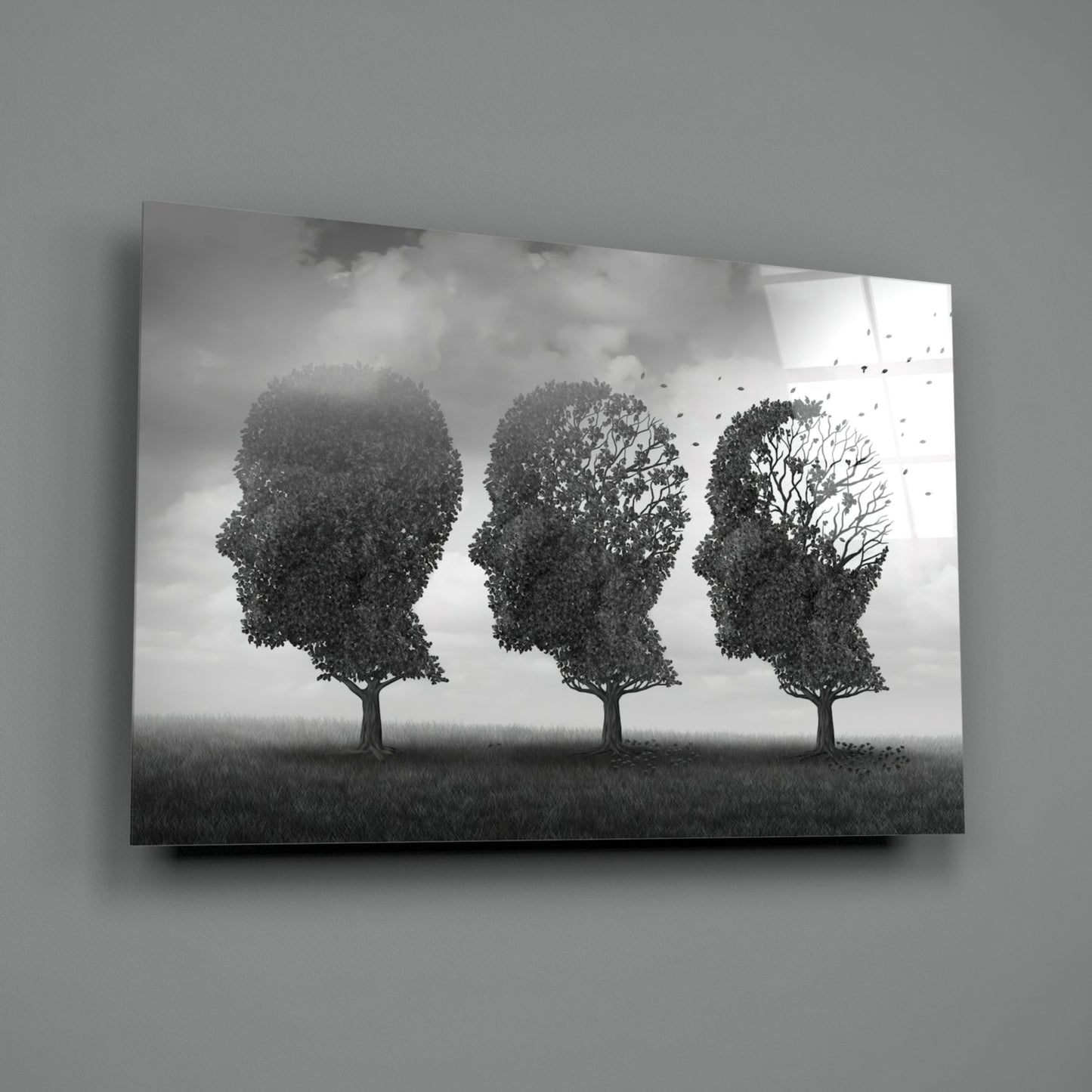 Three Head Shaped Trees Losing Leaves Glass Wall Art