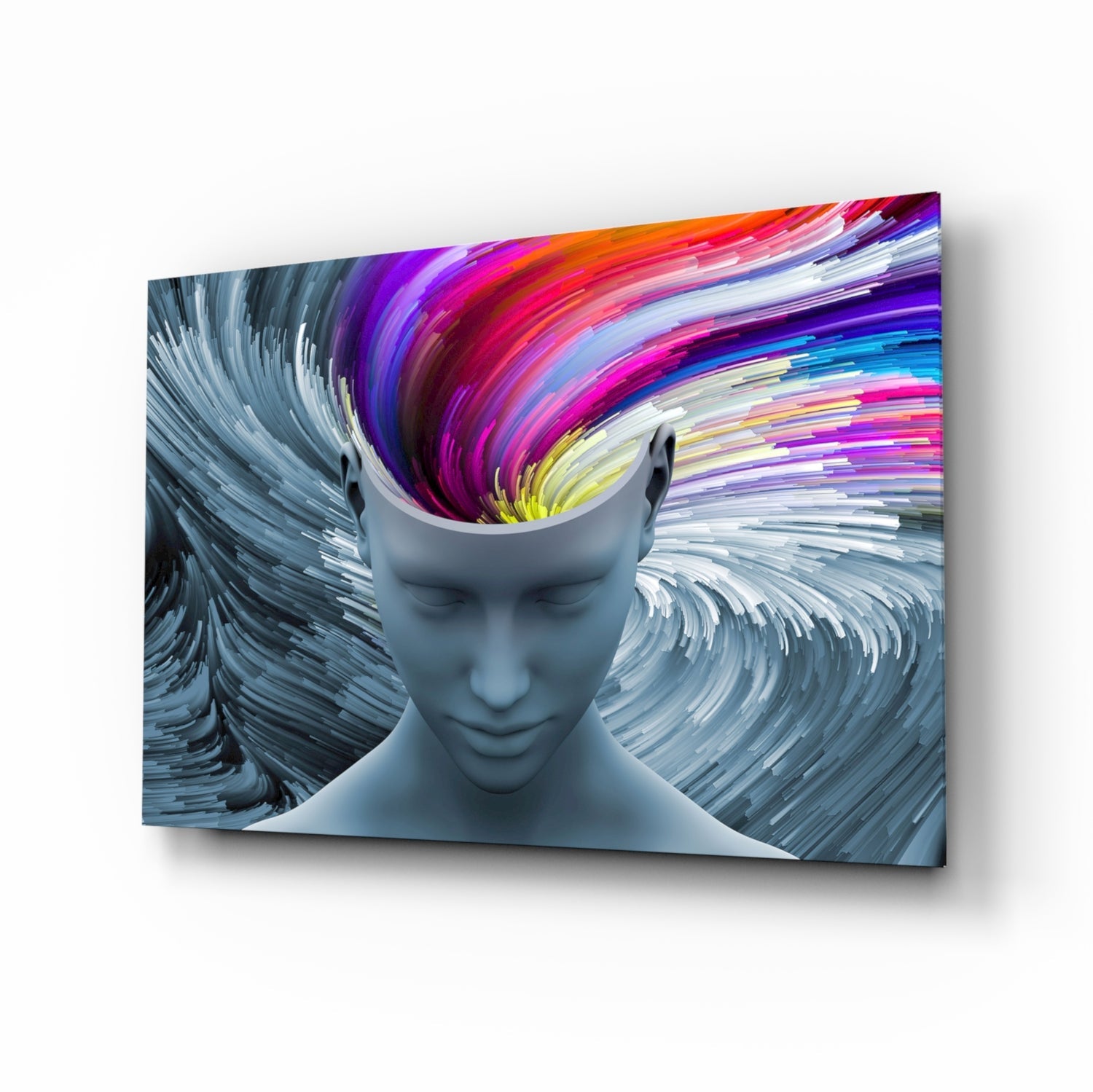 Gray glass wall art displaying a stylized head with colorful rainbow light rays bursting from the open crown, angled perspective view.