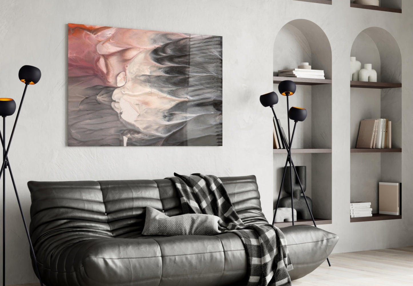 Blush and Charcoal Feather Smoke Glass Wall Art