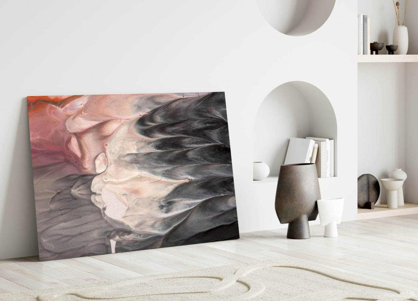 Blush and Charcoal Feather Smoke Glass Wall Art