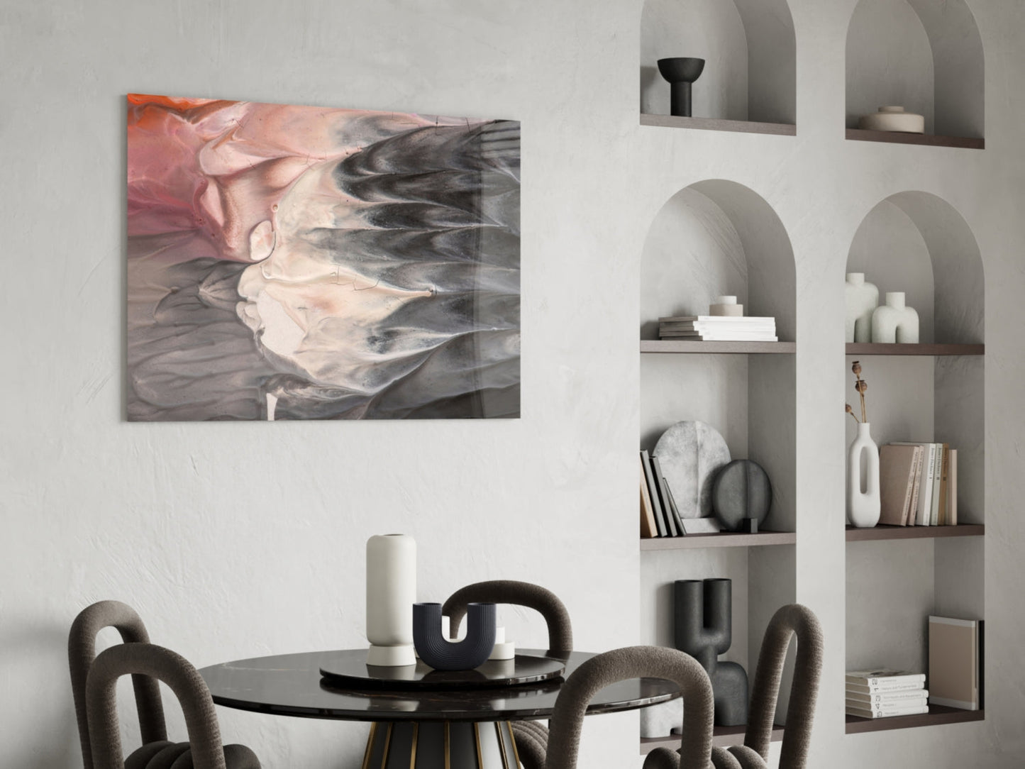 Blush and Charcoal Feather Smoke Glass Wall Art
