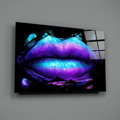Purple Turquoise Galaxy Painted Lips Glass Wall Art