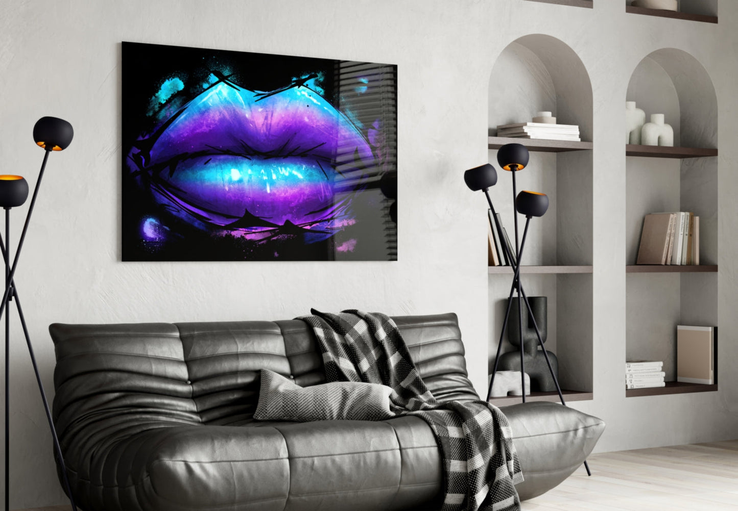 Purple Turquoise Galaxy Painted Lips Glass Wall Art